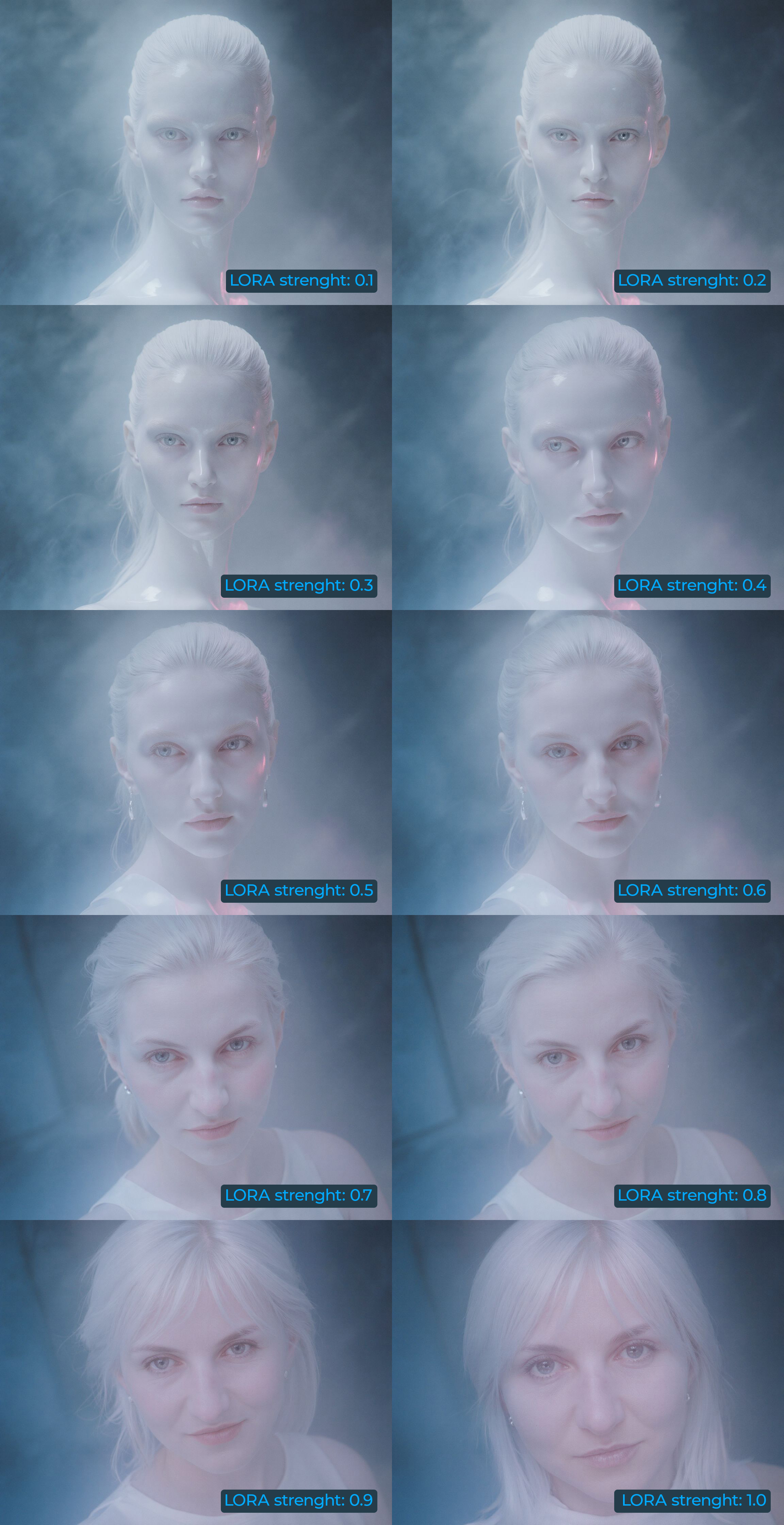 Comparison of different LORA strength settings from 0.1 to 1.0 showing how it affects the porcelain doll aesthetic